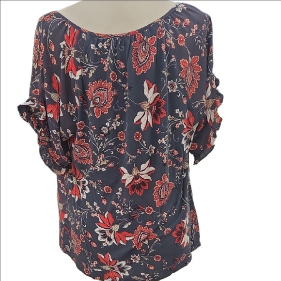 LoFT Beautiful Floral Blouse - Charcoal and Scarlet Flowy Comfy Boho L - Picture 3 of 6